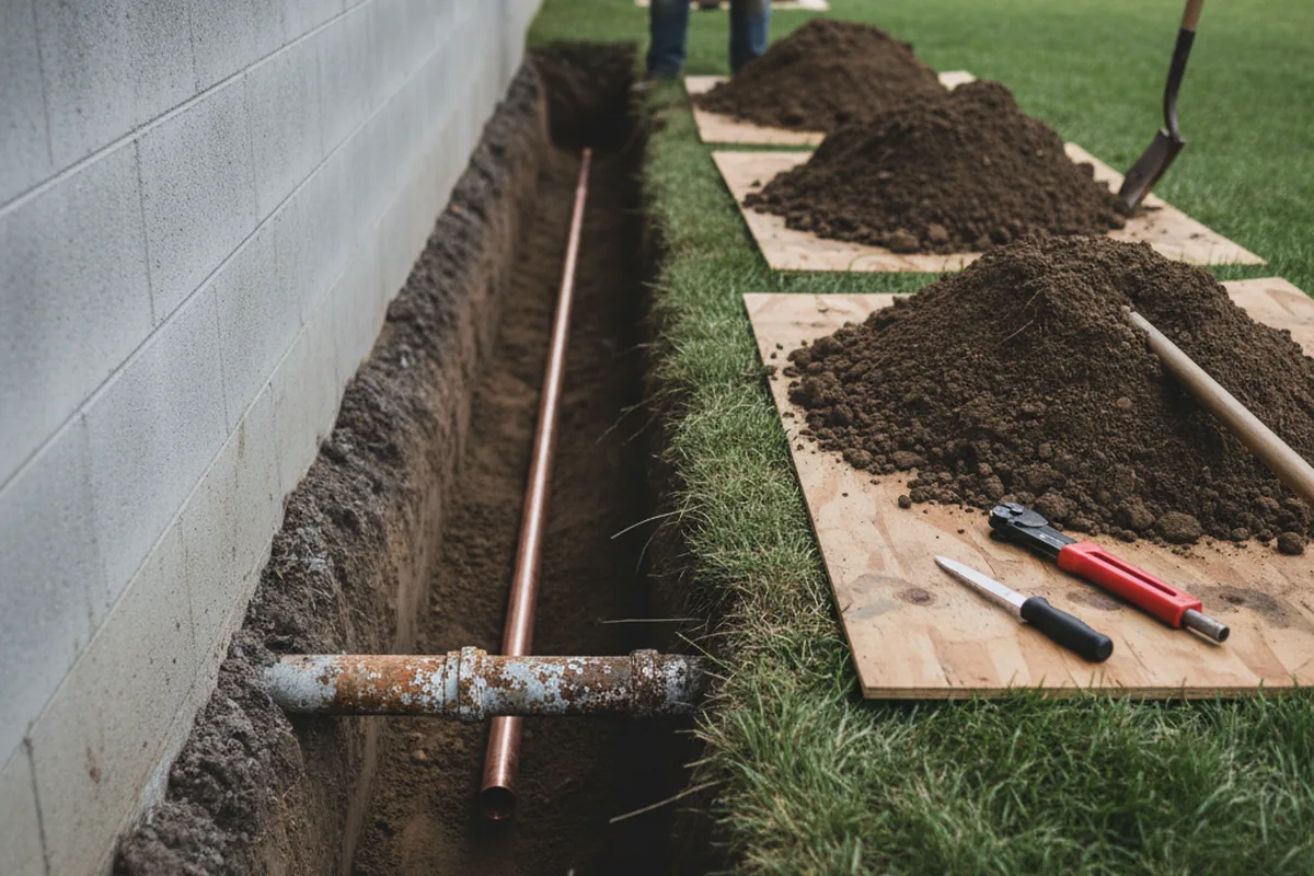 Excavated water line trench during Water Softener Installation in Whaleyville